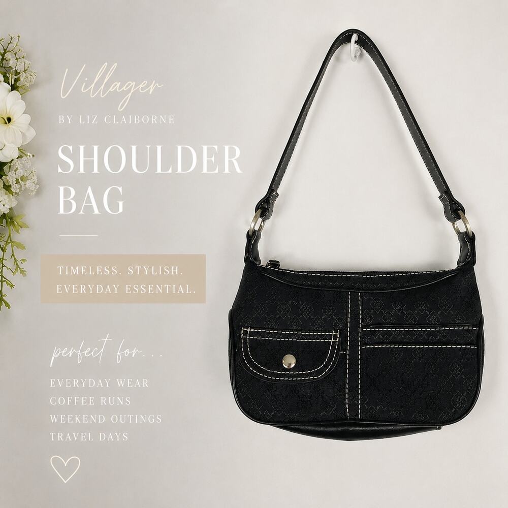 Villager Liz Clairborne Shoulder Bag Small Black Monogram Jacquard Pocket Y2K